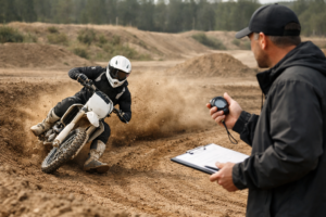 Motocross rider practicing cornering drills on a dirt track while a coach with a stopwatch tracks lap time improvements