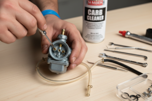Close up of a two stroke carburetor being cleaned and re-jetted to fix engine bogging