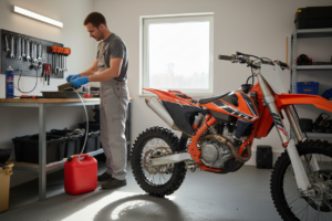 Rider performing two stroke engine maintenance by cleaning the air filter and checking fuel and intake parts to prevent bogging