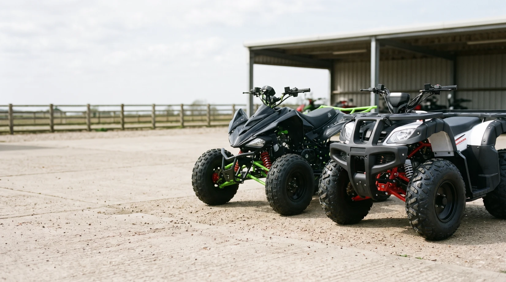 BSE Motor ATV on a farm track with the rider at a standstill