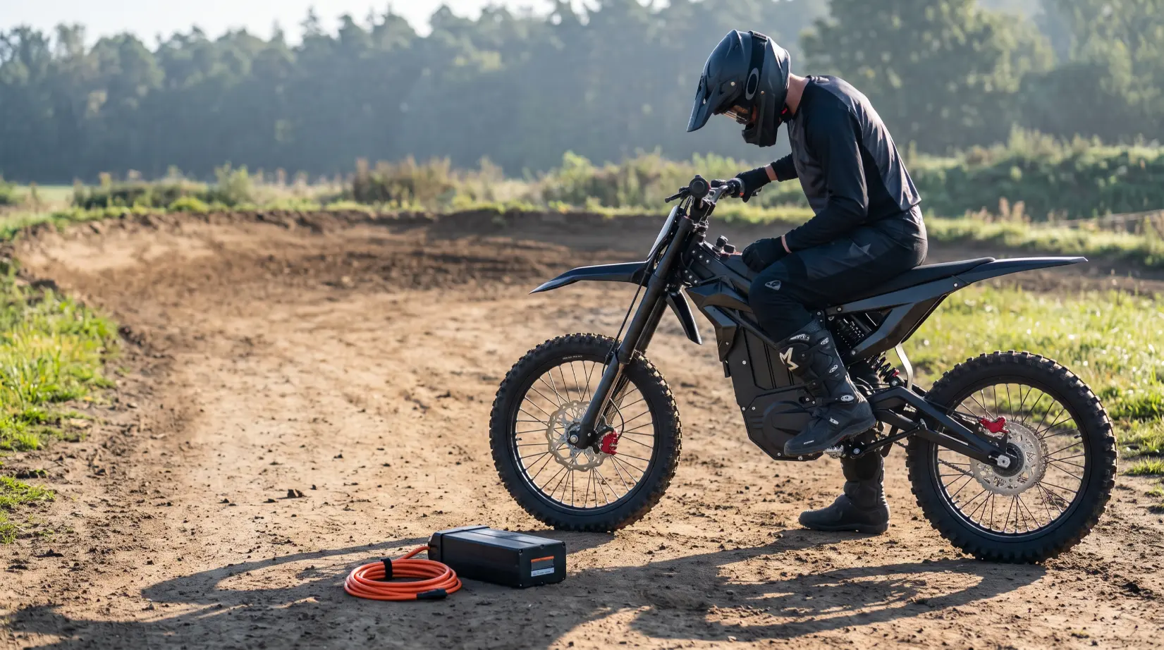 Moto de cross eléctrica BSE Motor en un circuito de pruebas de tierra.