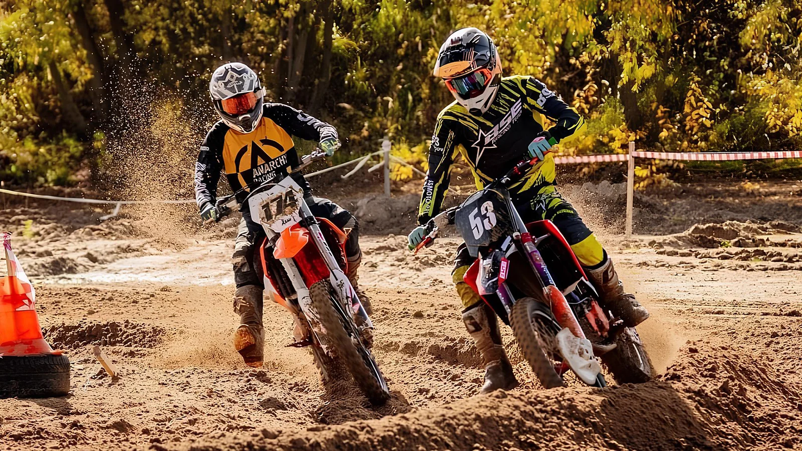 Dos motos de motocross compitiendo una al lado de la otra en una pista de arena.