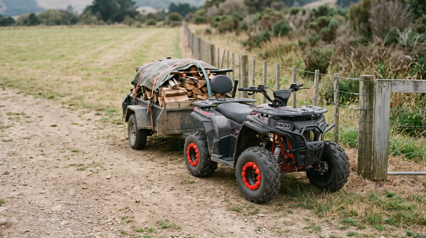 ATV parked at a farm gateway beside a narrower track entrance